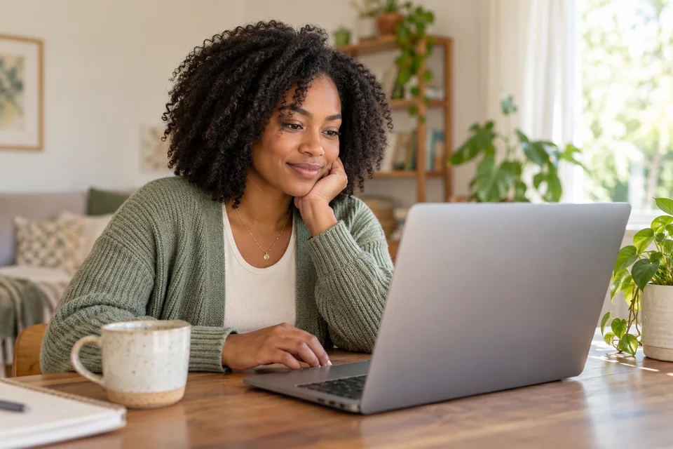 An African American woman sitting comfortably with her laptop at home