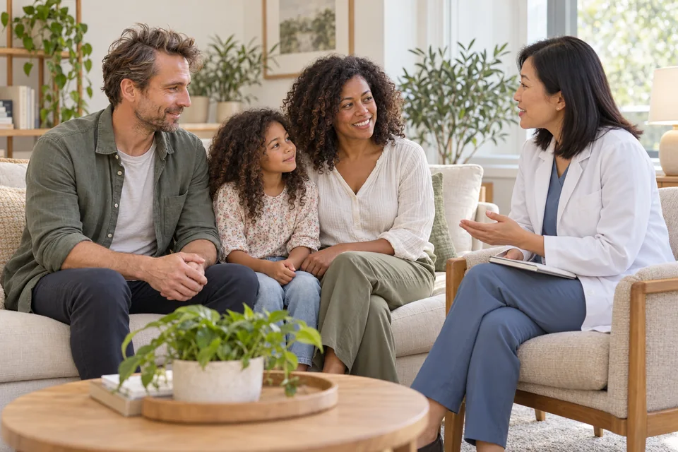 Illustrative scene of a Black mother, Caucasian father, and mixed-race child talking with an Asian woman doctor in a comfortable sitting room