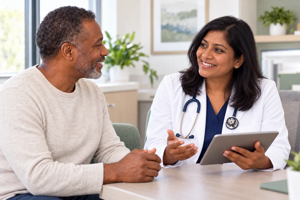 Illustrative scene of an Indian woman doctor discussing health with an African American man