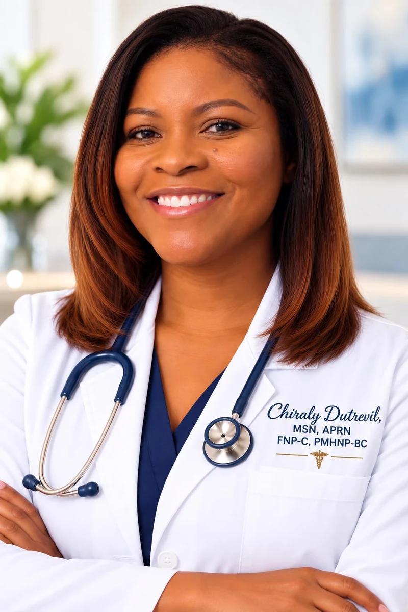 Chiraly Dutrevil, nurse practitioner, smiling in her office